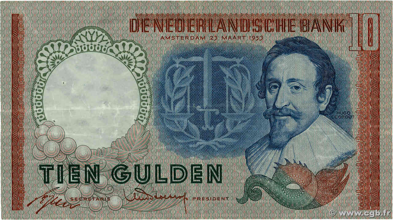 10 Gulden PAíSES BAJOS  1953 P.085 BC+