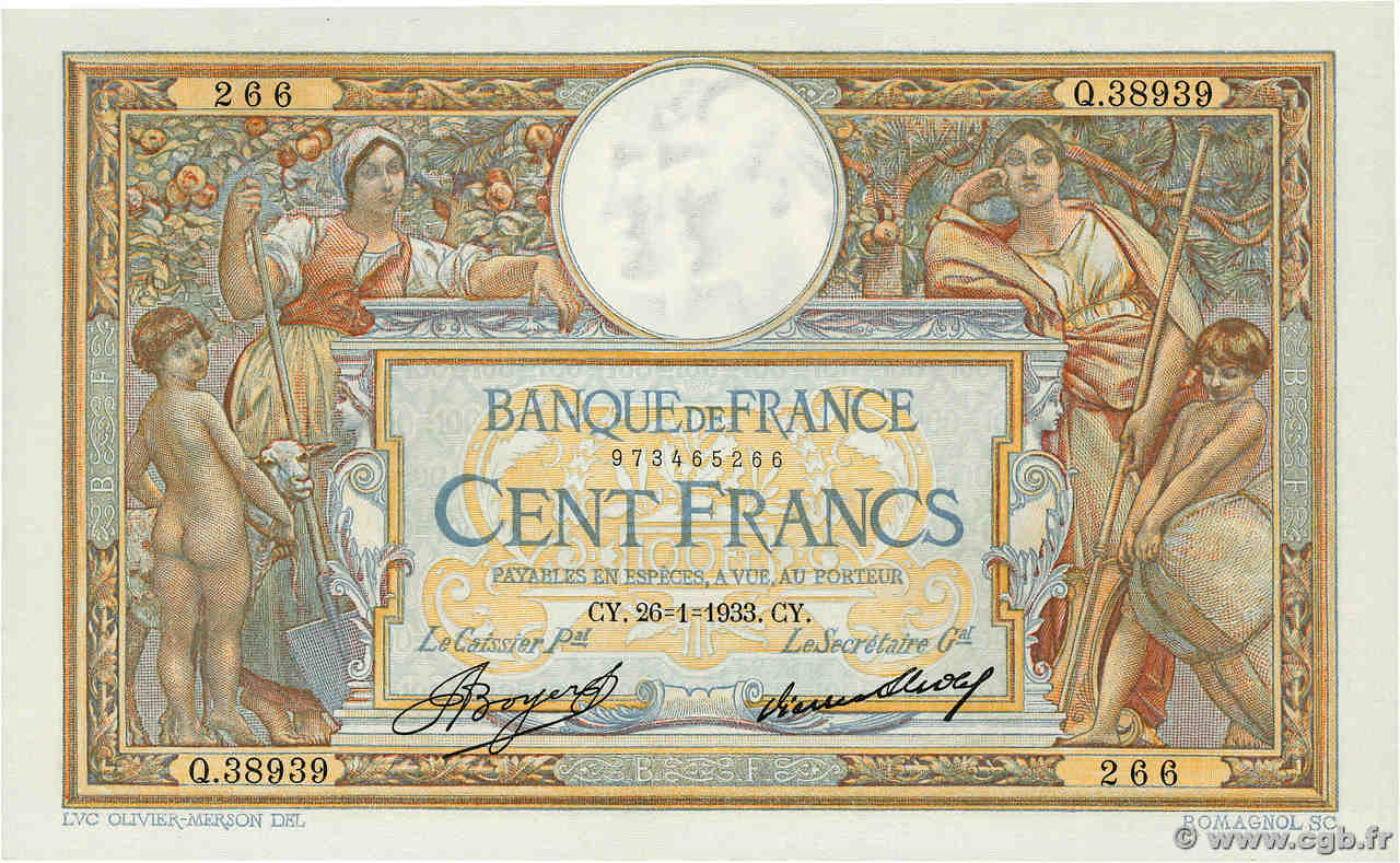 100 Francs LUC OLIVIER MERSON grands cartouches FRANCE  1933 F.24.12 UNC-