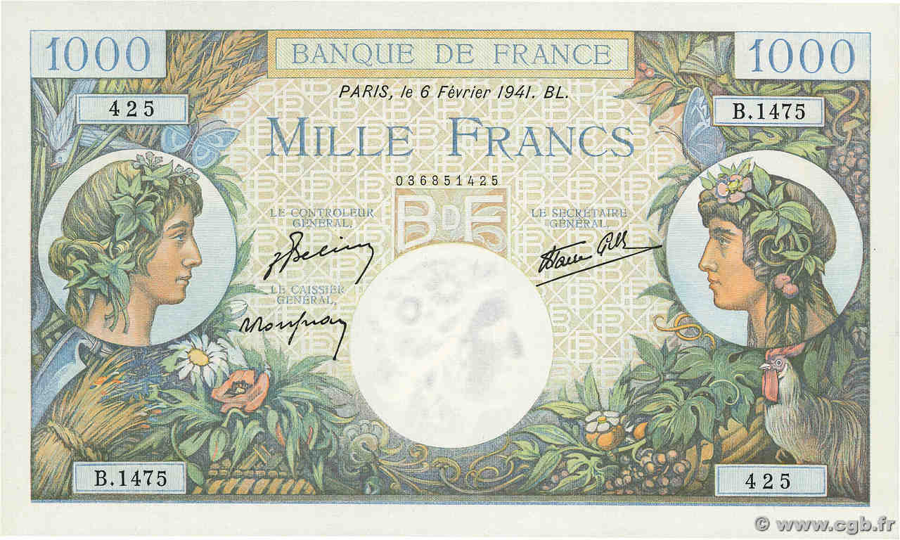 1000 Francs COMMERCE ET INDUSTRIE FRANCIA  1941 F.39.04 q.FDC