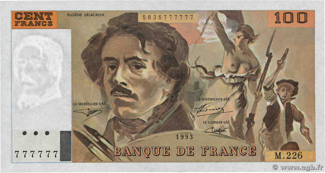 100 Francs DELACROIX imprimé en continu Numéro spécial FRANCE  1993 F.69bis.08 UNC