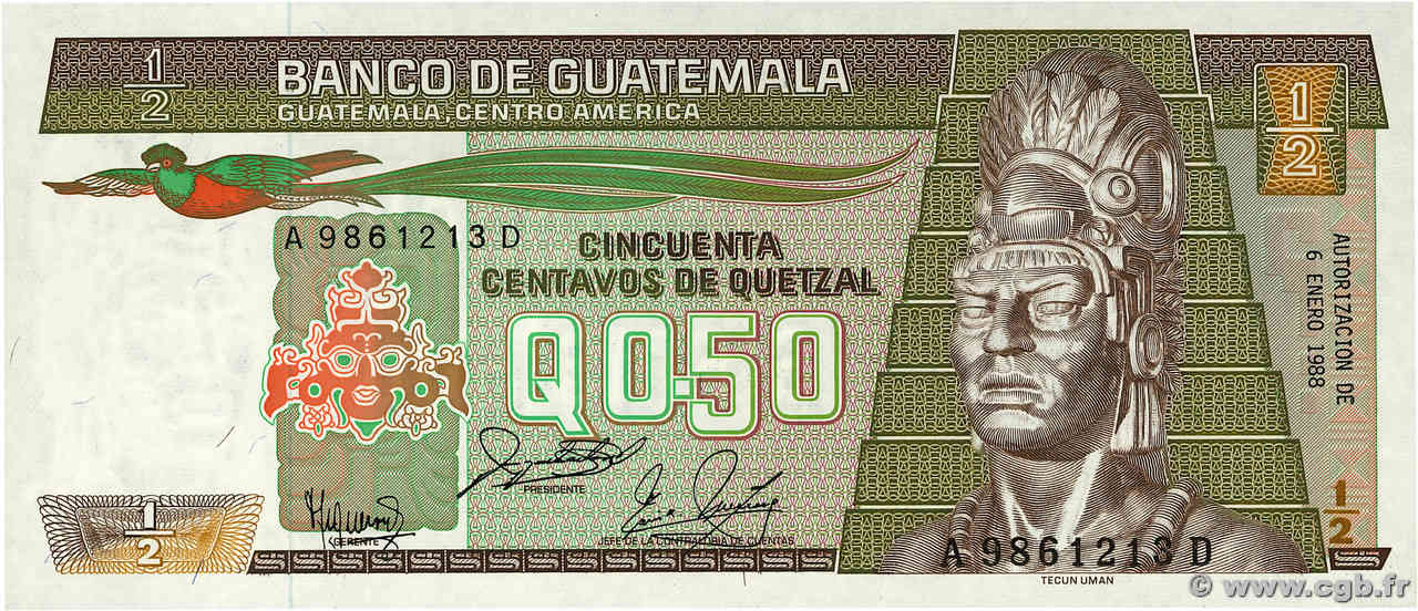 1/2 Quetzal GUATEMALA  1988 P.065 FDC