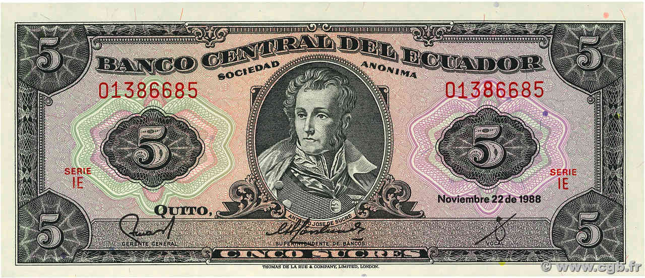 5 Sucres ECUADOR  1988 P.113d XF