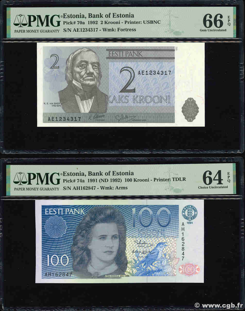 2 et 100 Krooni Lot ESTONIA  1992 P.70a et P.74a UNC-