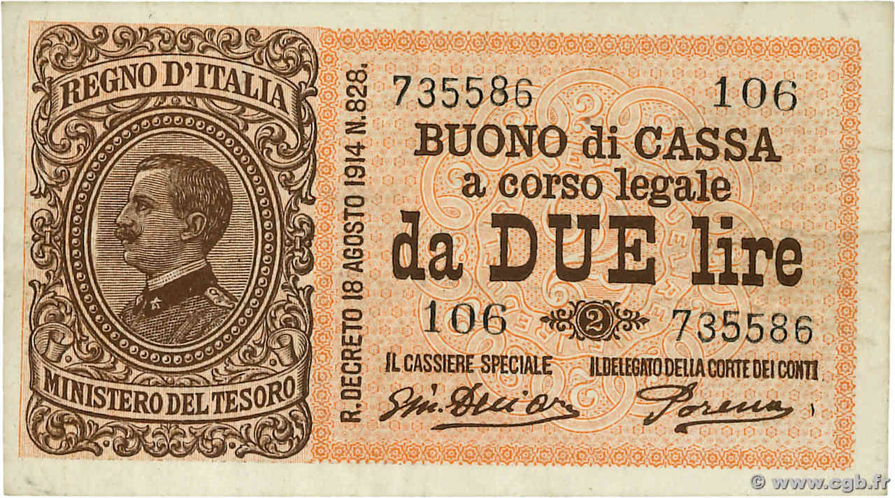 2 Lire ITALIA  1914 P.037c MBC