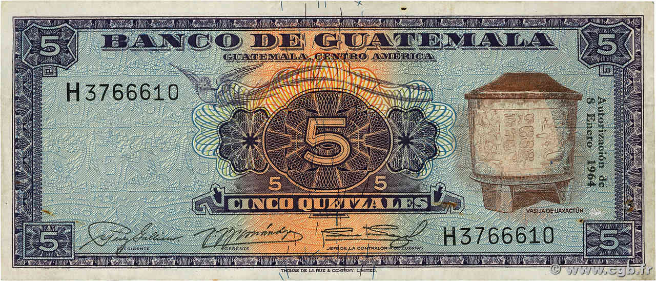 5 Quetzales GUATEMALA  1964 P.053A BB