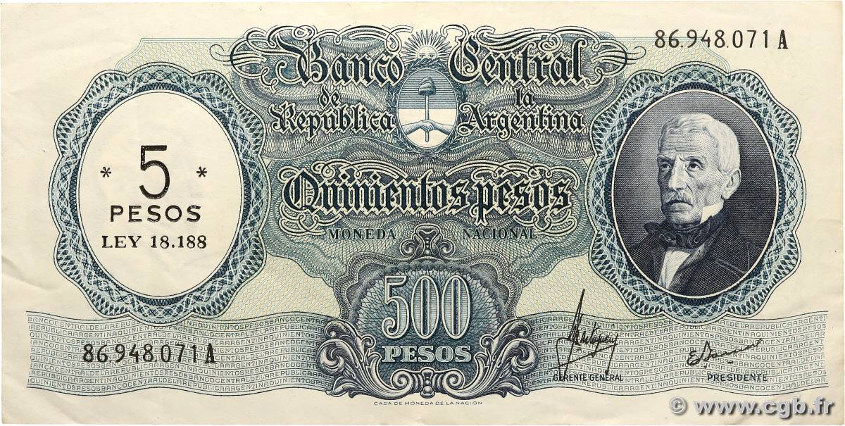 5 Pesos sur 500 Pesos ARGENTINA  1969 P.283 MBC+