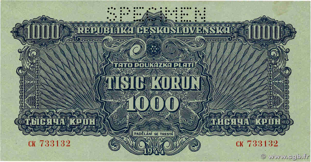 1000 Korun Spécimen CZECHOSLOVAKIA  1944 P.050s XF