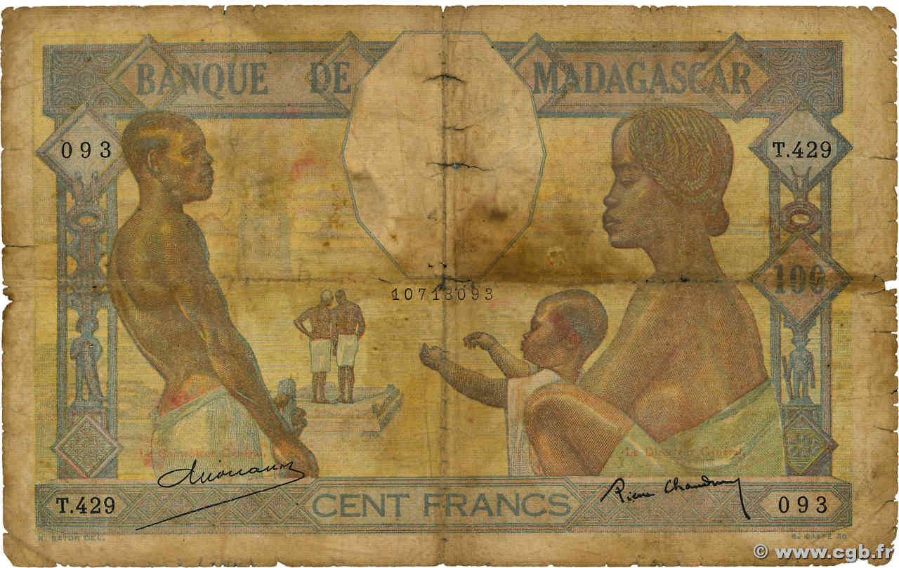 100 Francs MADAGASCAR  1937 P.040 G