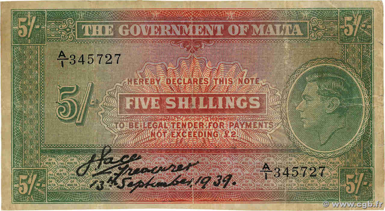 5 Shillings MALTE  1939 P.12 BC