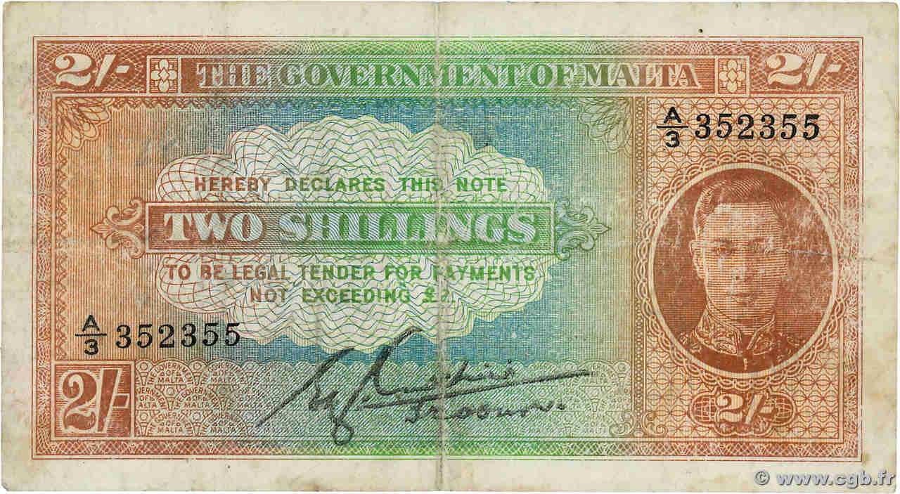 2 Shillings MALTE  1942 P.17c F