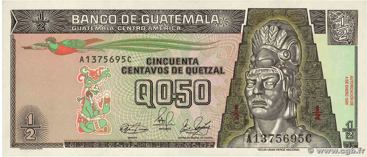 50 Centavos de Quetzal GUATEMALA  1989 P.065 FDC