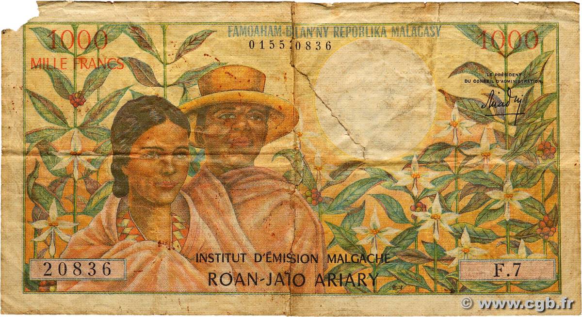 1000 Francs - 200 Ariary MADAGASCAR  1966 P.059a B+