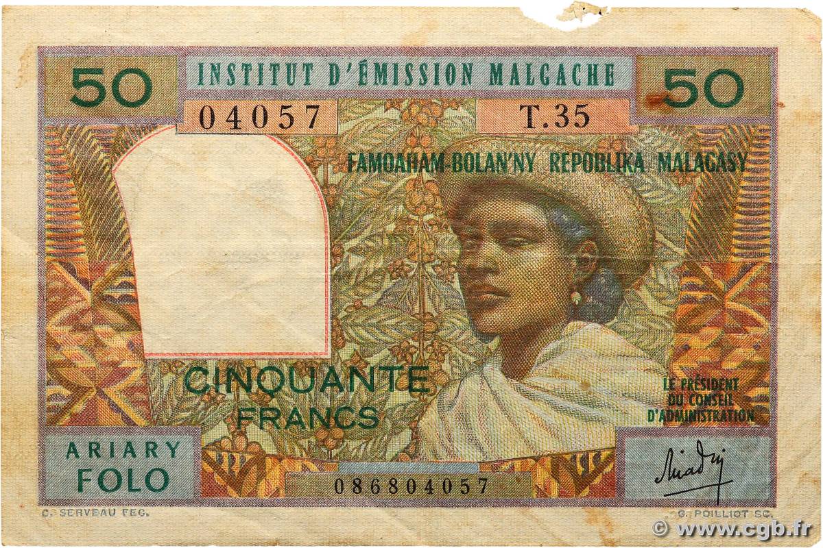 50 Francs - 10 Ariary MADAGASCAR  1969 P.061 TB