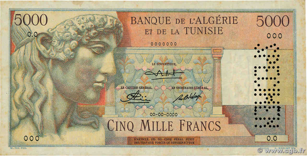 5000 Francs Spécimen TUNISIA  1946 P.27s F+