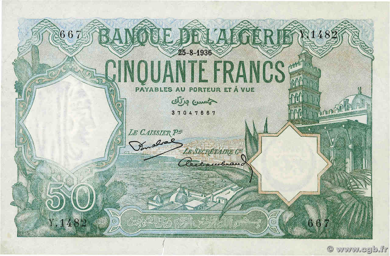 50 Francs ALGERIA  1936 P.080a VF