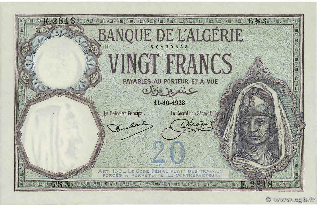 20 Francs ALGERIA  1928 P.078b UNC-