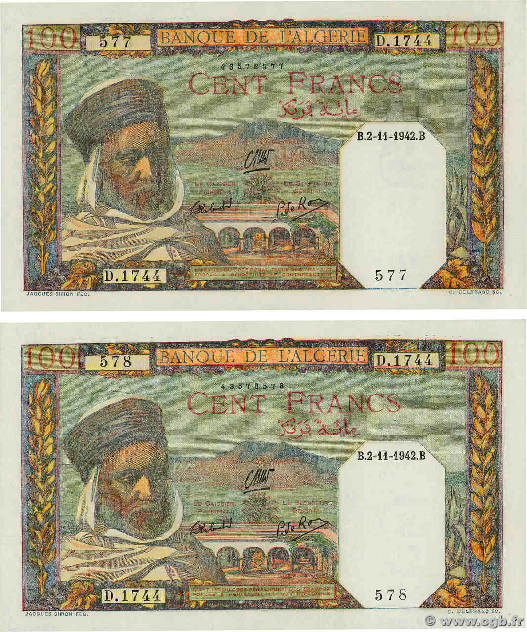 100 Francs Consécutifs ALGERIEN  1942 P.088 fST+