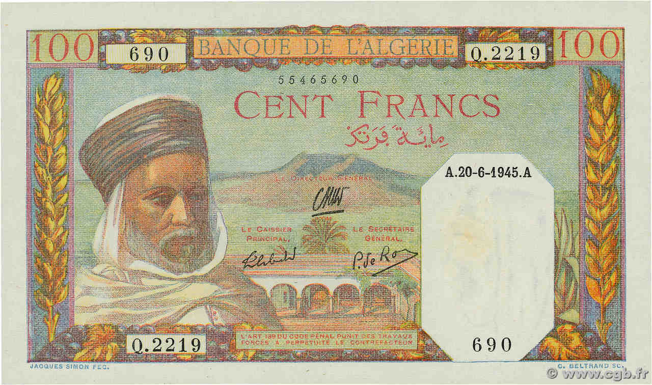 100 Francs ALGERIA  1945 P.085 AU