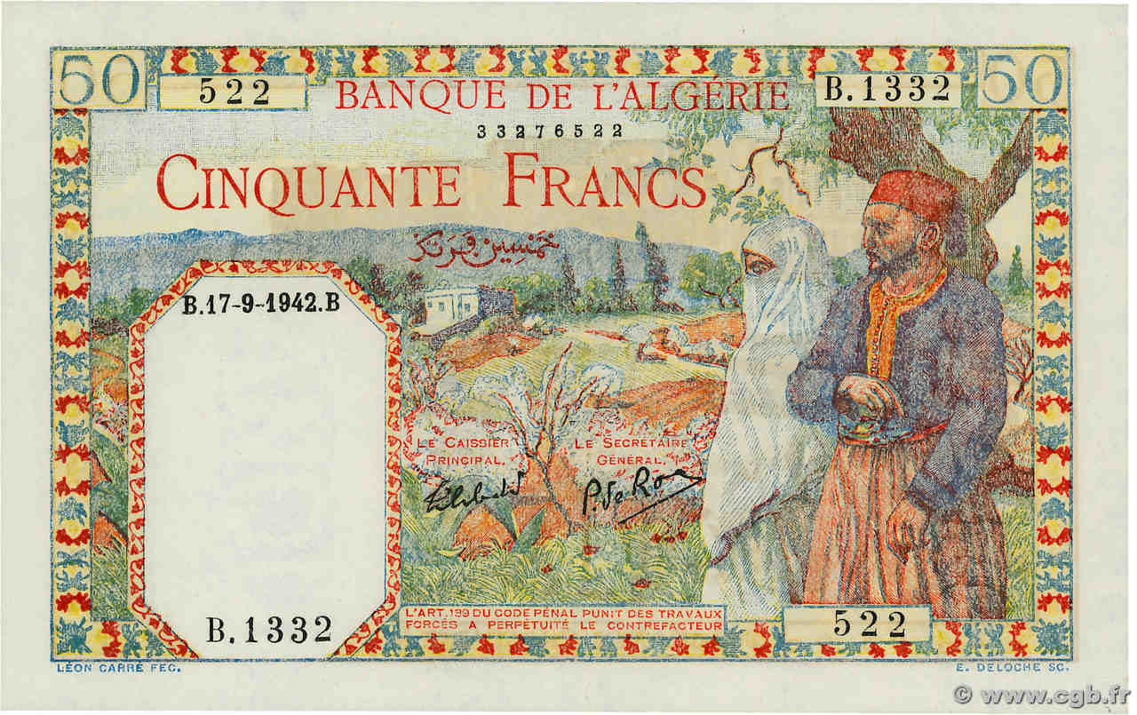 50 Francs ALGÉRIE  1942 P.087 pr.NEUF