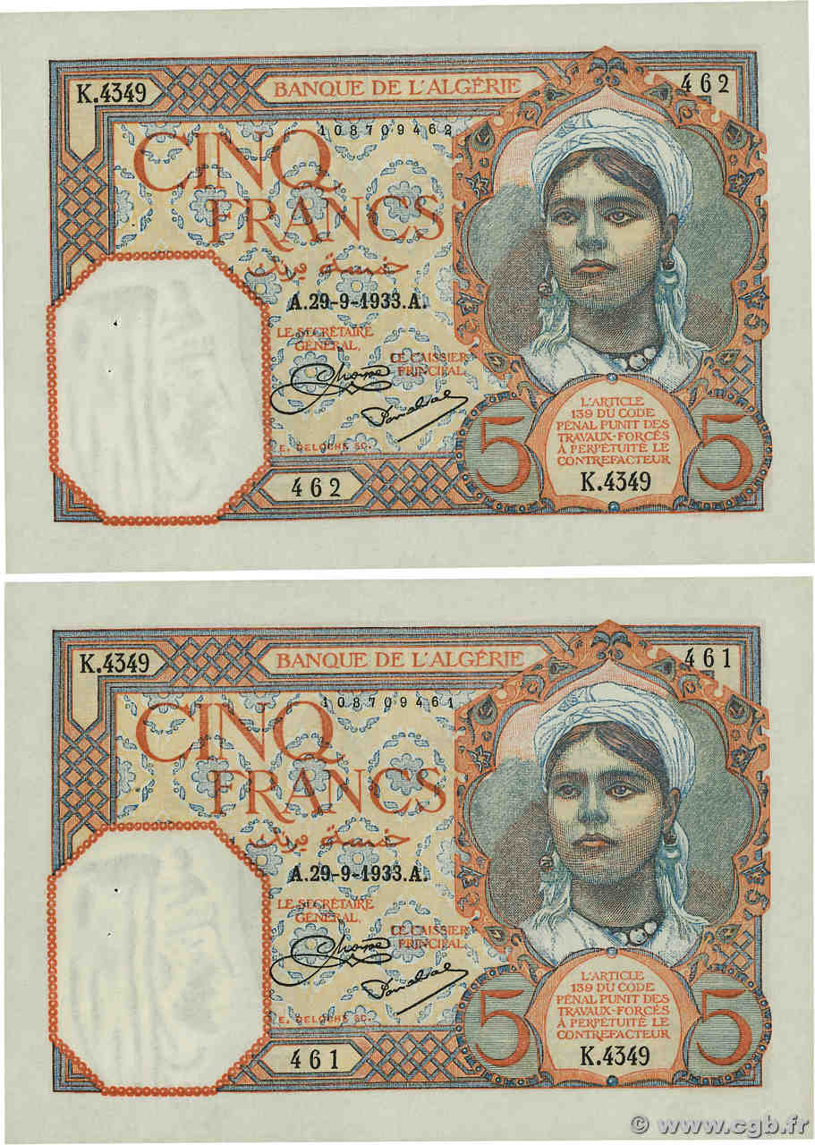 5 Francs Consécutifs ALGERIA  1933 P.077a AU-