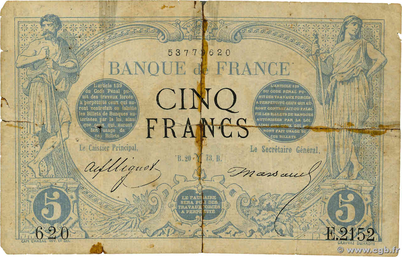 5 Francs NOIR FRANCE  1873 F.01.16 B