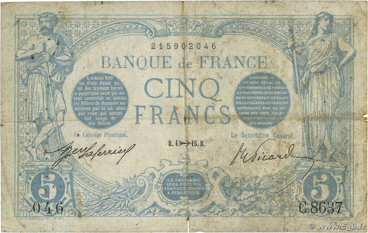 5 Francs BLEU FRANKREICH  1915 F.02.33 S