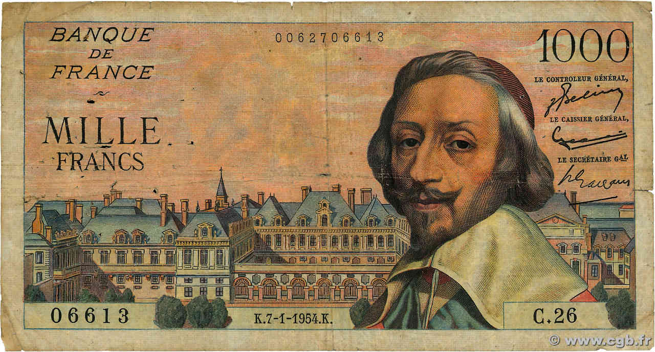 1000 Francs RICHELIEU FRANCE  1954 F.42.04 B+