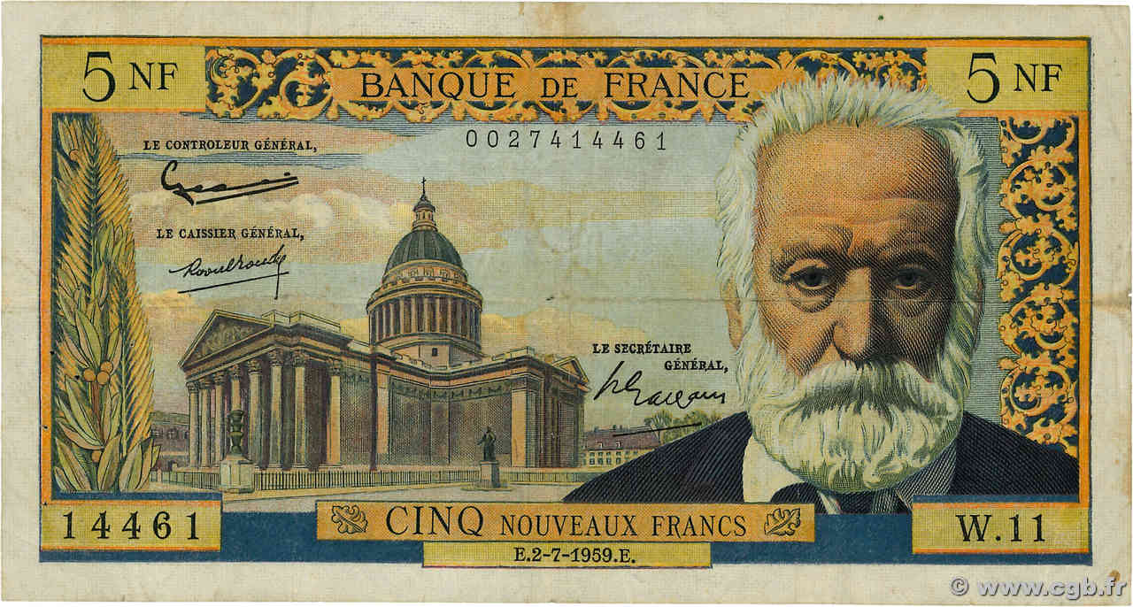 5 Nouveaux Francs VICTOR HUGO FRANCIA  1959 F.56.02 q.MB