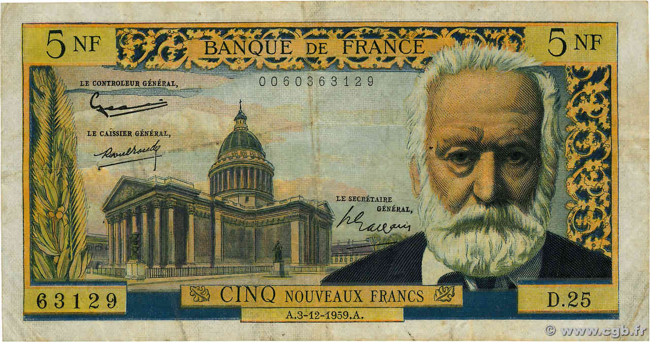 5 Nouveaux Francs VICTOR HUGO FRANCE  1959 F.56.04 TB