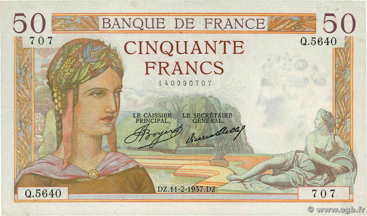 50 Francs CÉRÈS FRANKREICH  1937 F.17.34 SS