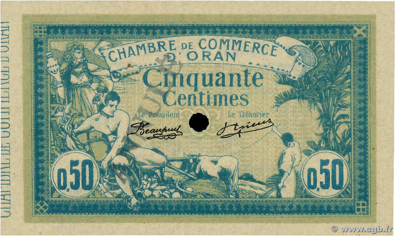 50 Centimes Annulé ALGERIA Oran 1915 JP.141.06 UNC-