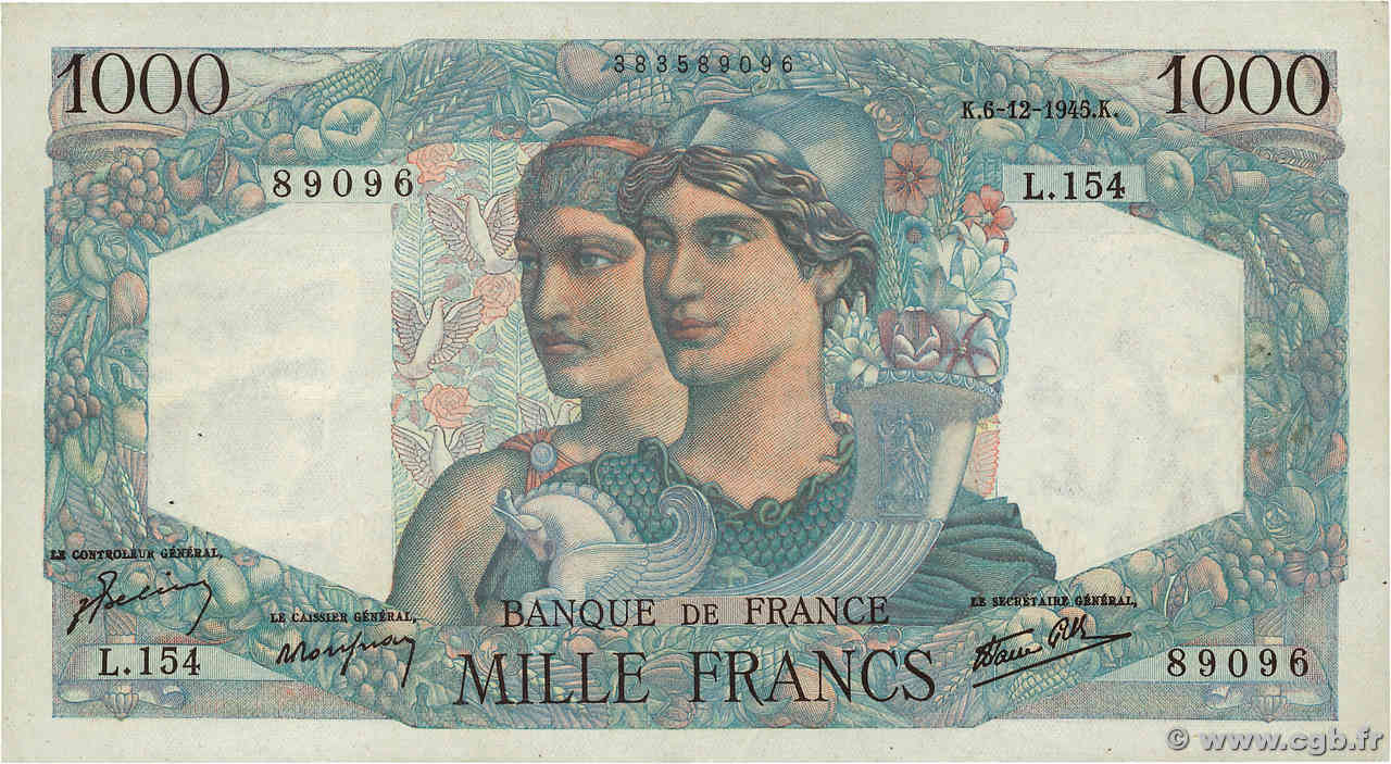 1000 Francs MINERVE ET HERCULE FRANCE  1945 F.41.09 VF+