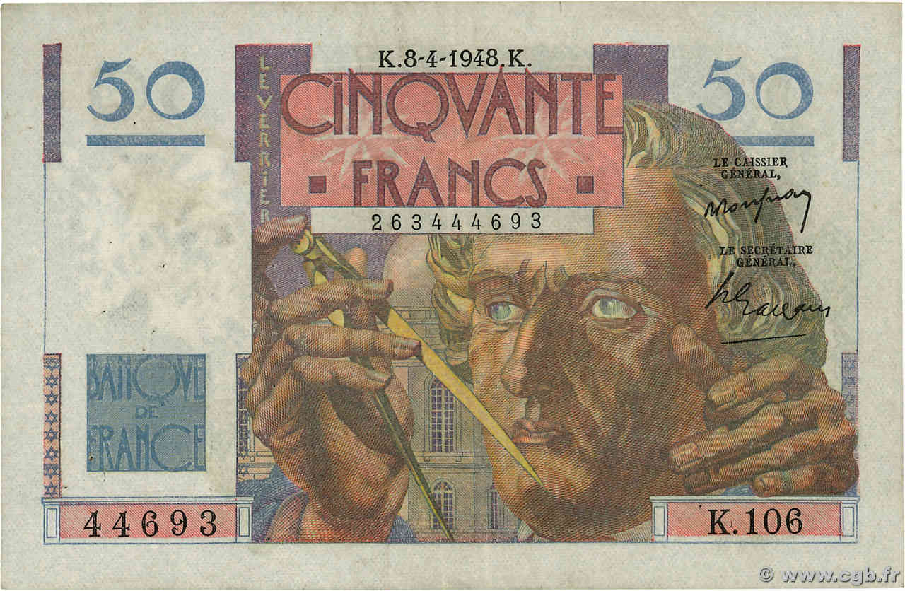 50 Francs LE VERRIER FRANCE  1948 F.20.10 VF