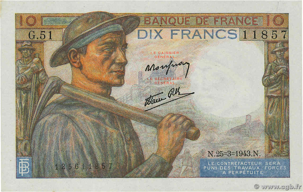 10 Francs MINEUR FRANCE  1943 F.08.08 UNC-