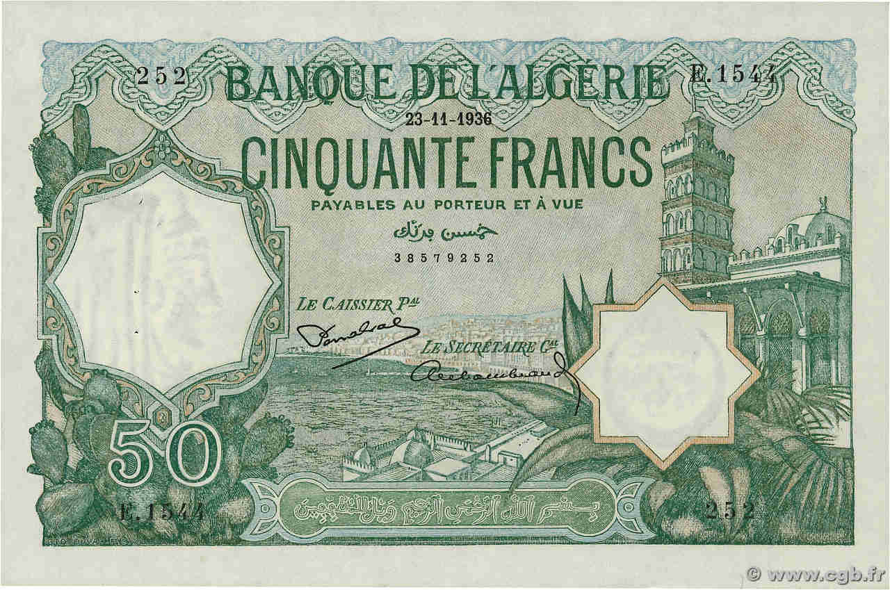 50 Francs ALGERIA  1936 P.080a XF+