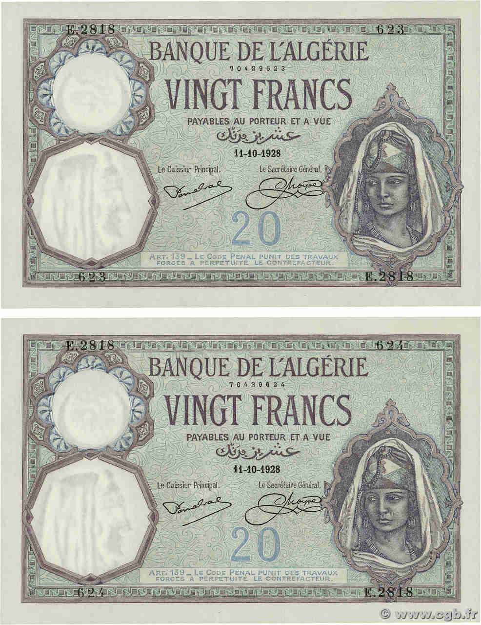 20 Francs Consécutifs ALGÉRIE  1928 P.078b pr.NEUF