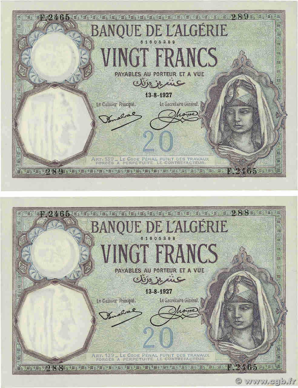 20 Francs Consécutifs ALGERIA  1927 P.078b UNC-