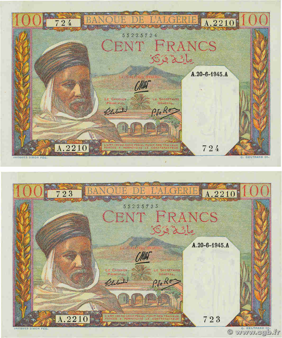 100 Francs Consécutifs ALGERIA  1945 P.085 q.FDC