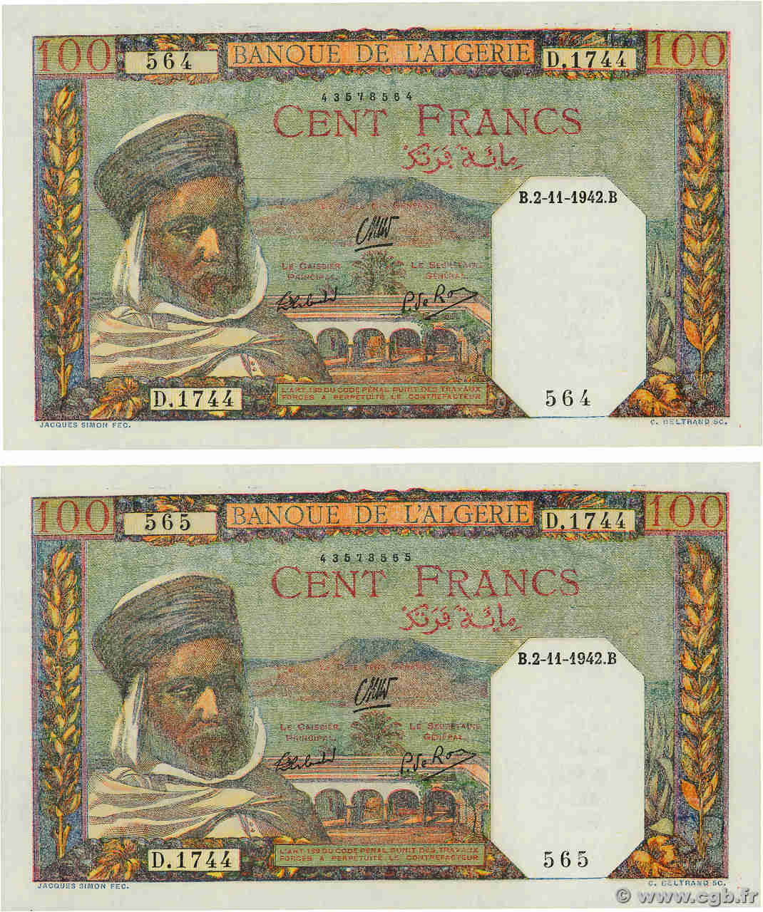 100 Francs Consécutifs ALGERIA  1942 P.088 q.FDC