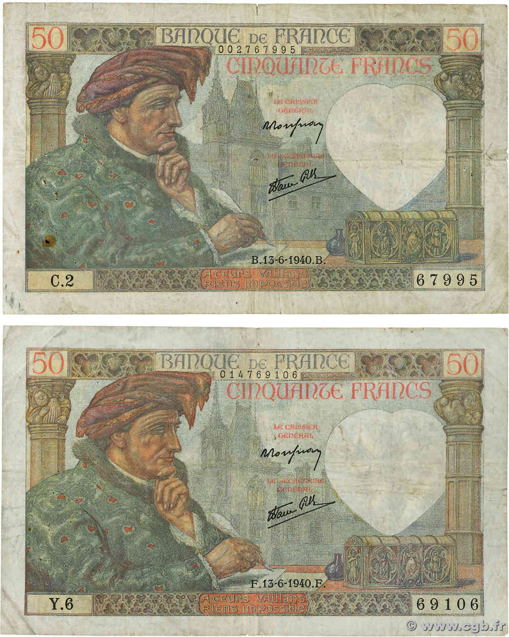 50 Francs JACQUES CŒUR Lot FRANCE  1940 F.19.01 TB+