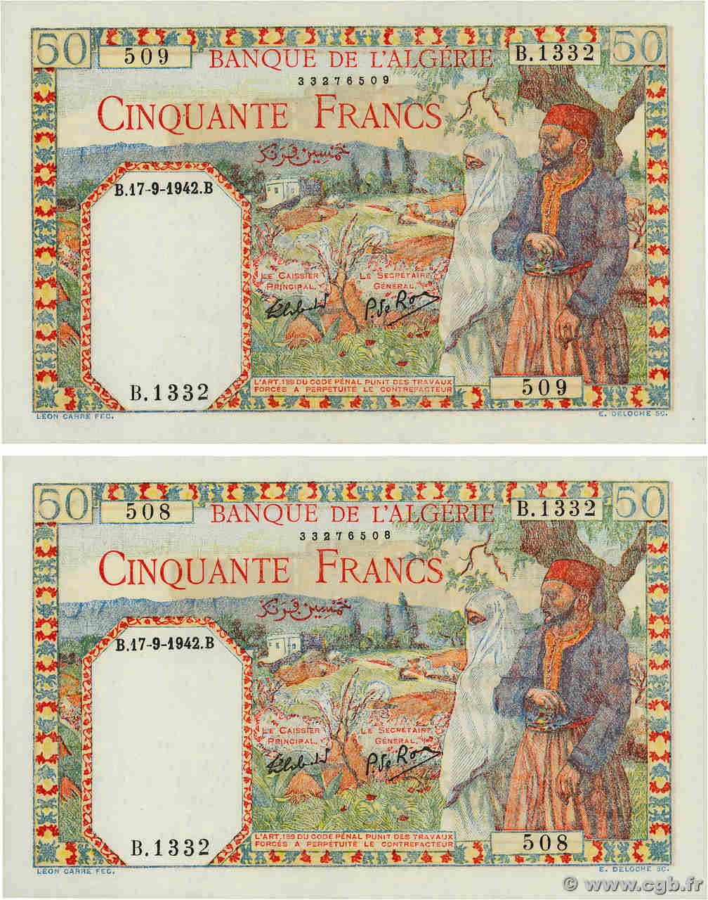 50 Francs Consécutifs ALGERIA  1942 P.087 UNC-