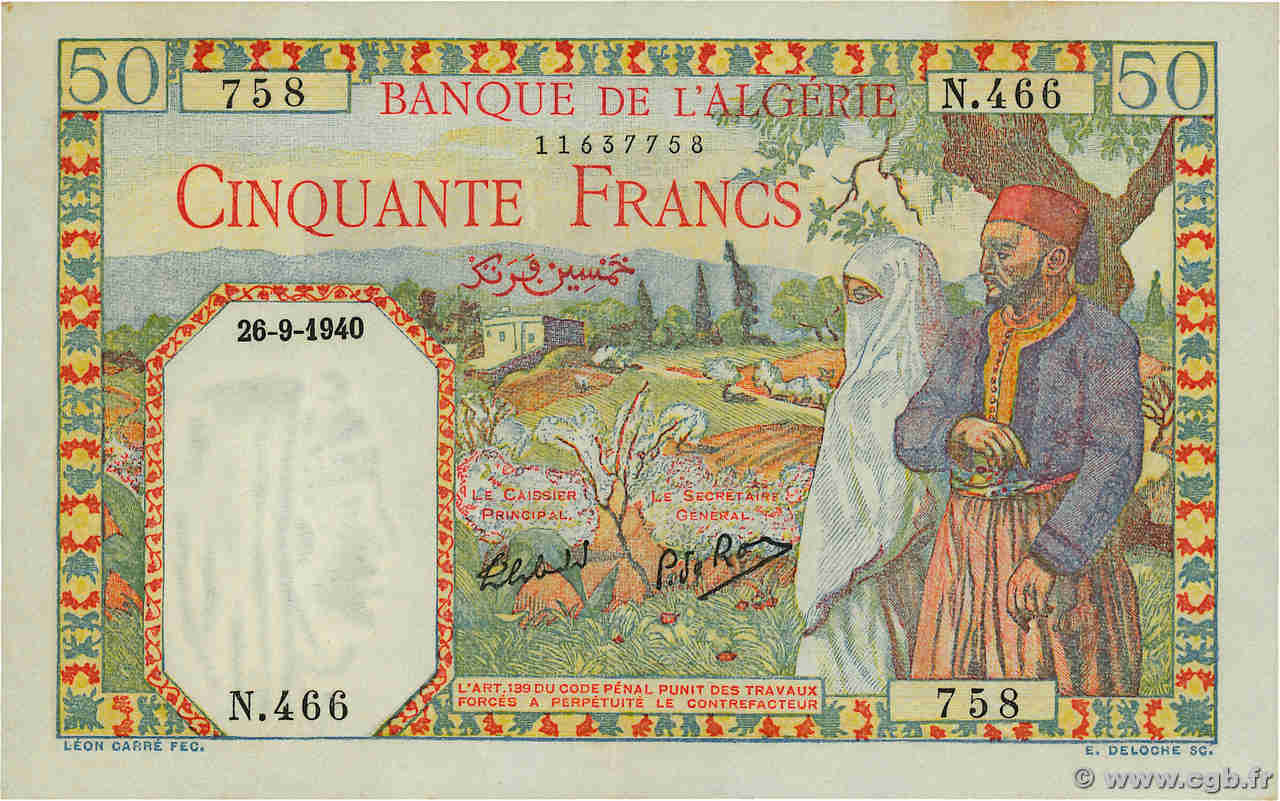 50 Francs ALGERIA  1940 P.084 AU-