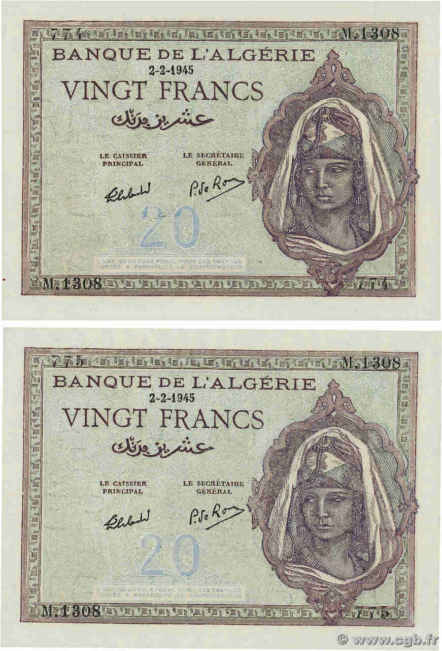 20 Francs Consécutifs ALGERIA  1945 P.092b UNC