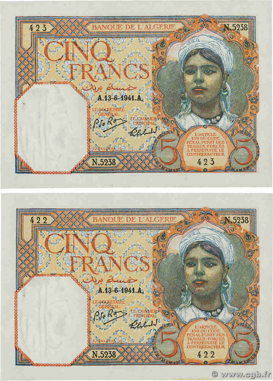 5 Francs Consécutifs ALGERIA  1941 P.077b XF