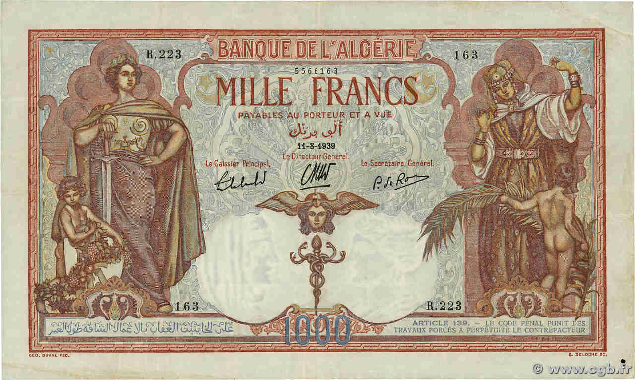 1000 Francs ALGERIA  1939 P.083a VF