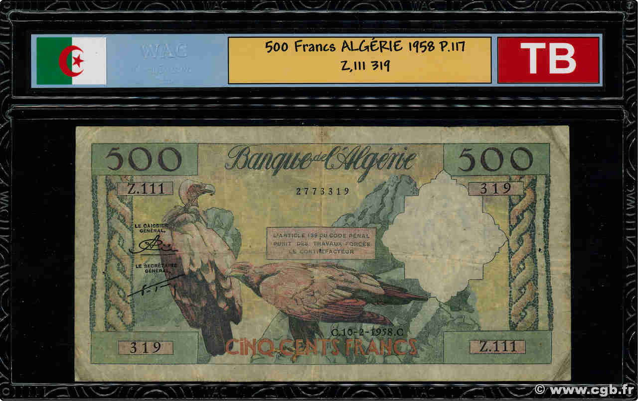 500 Francs ALGERIA  1958 P.117 F