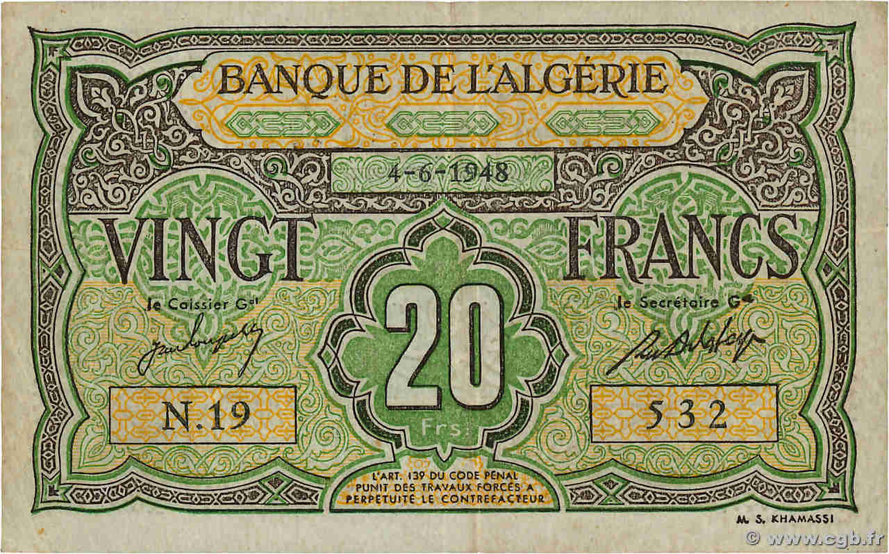 20 Francs ALGERIA  1948 P.103 VF