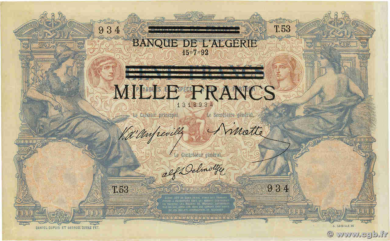 1000 Francs sur 100 Francs TUNISIA  1942 P.31 VF