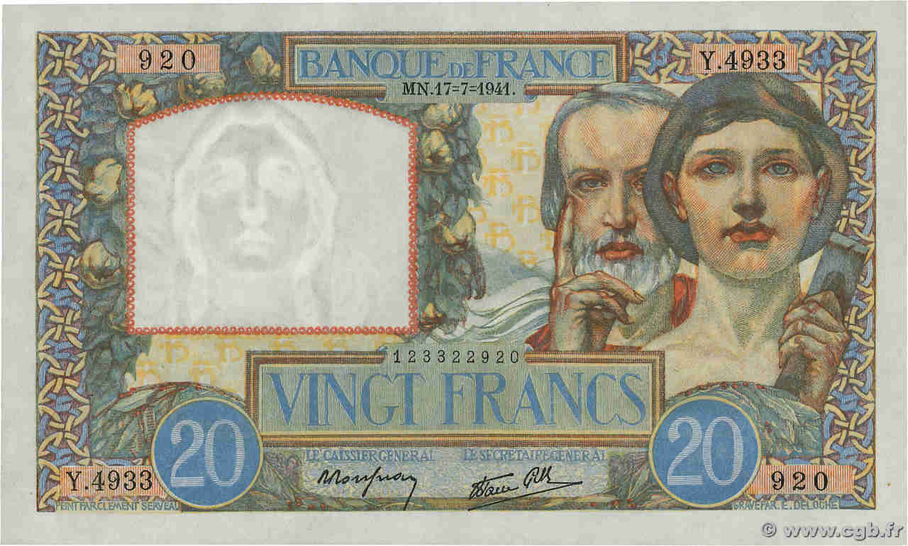 20 Francs TRAVAIL ET SCIENCE FRANCE  1941 F.12.16 SUP+