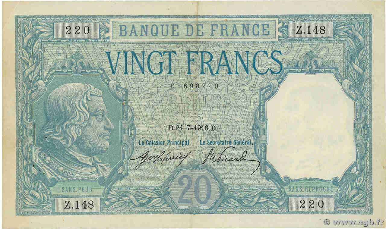 20 Francs BAYARD FRANCE  1916 F.11.01 VF+